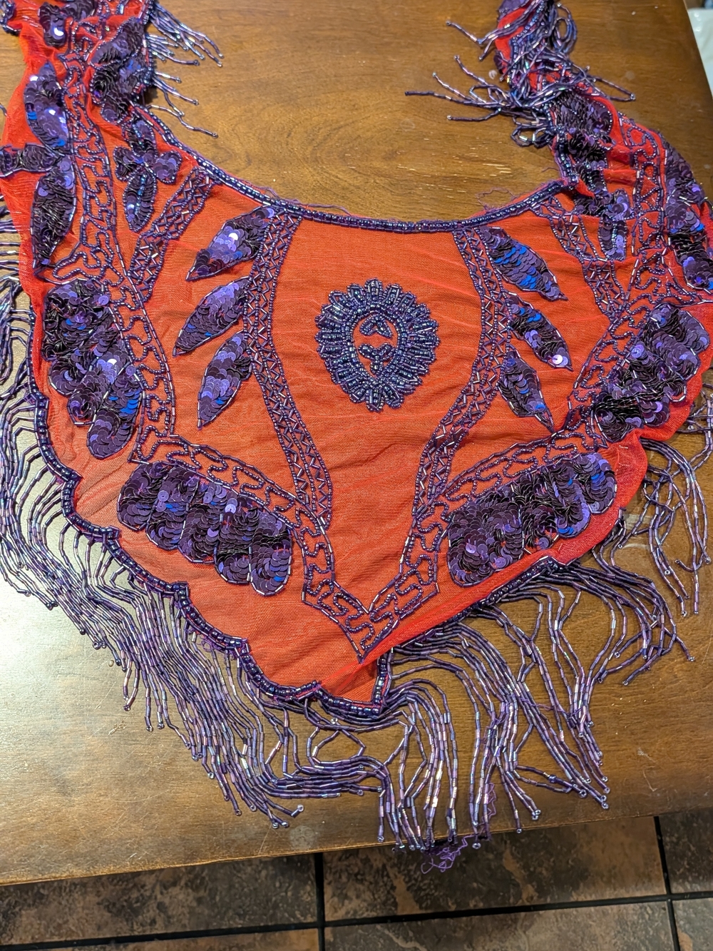 Red Beaded Fringe Scarf with Purple Sequin Embroidery